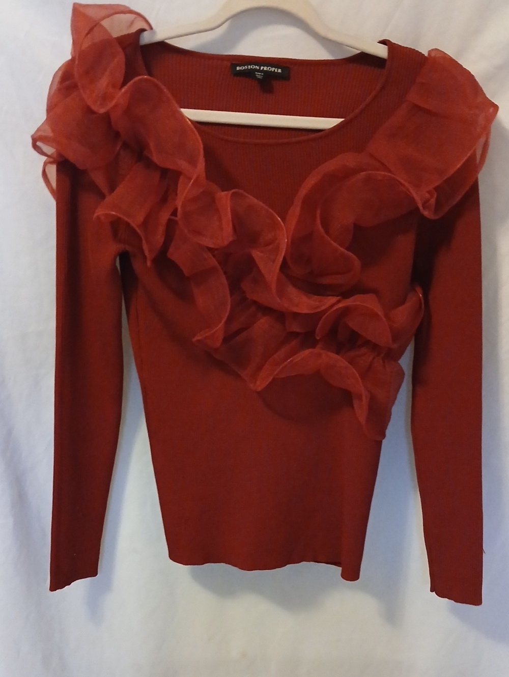 Boston Proper Vintage Wine Brick Red Ruffle-Accent Long Sleeve Top